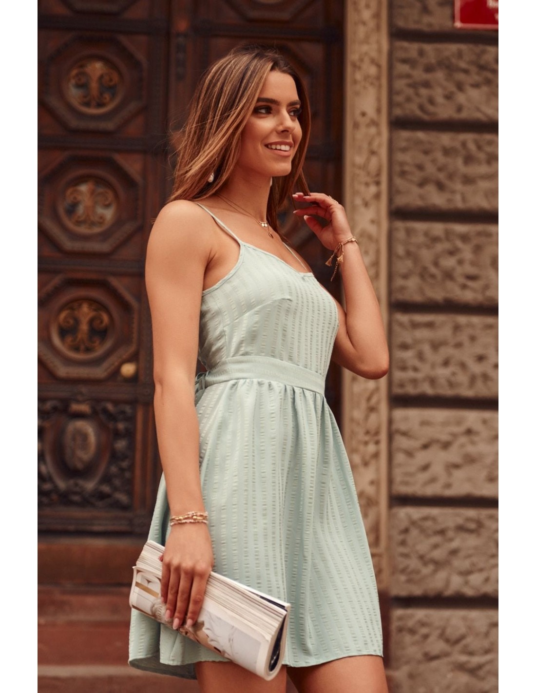 Striped dress tied at the back, mint PR3202 - Online store - Boutique